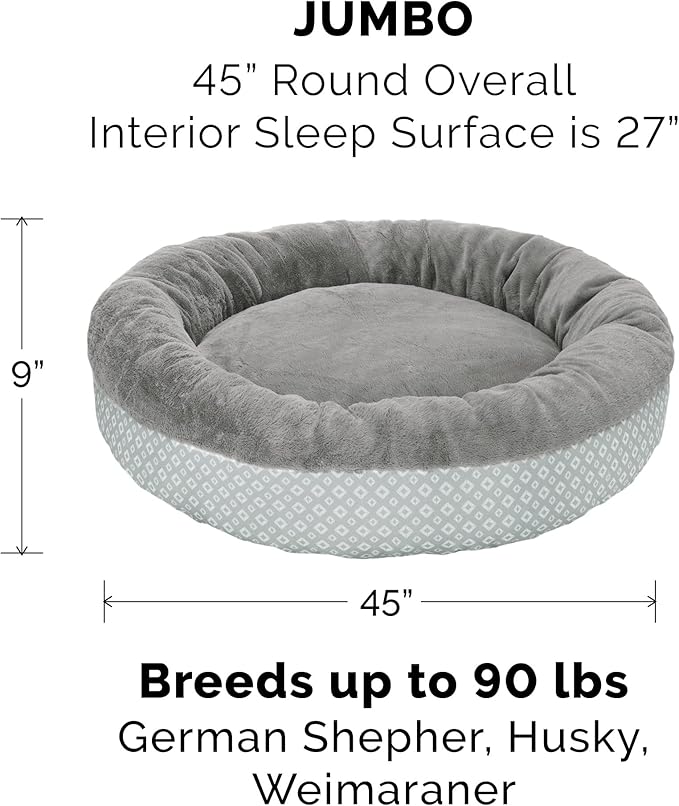 Furhaven 45" Round Donut Dog Bed for Large Dogs, Refillable w/ Removable Washable Cover, For Dogs Up to 90 lbs - Plush & Diamond Print Donut Bed - Gray, Jumbo/XL, 45.0"L x 45.0"W x 9.0"Th