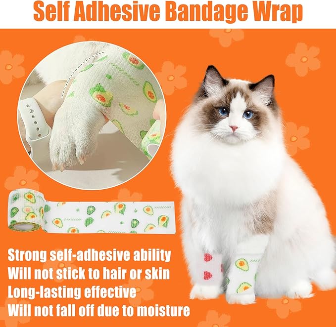 6 Roll 2 Inch x 5 Yards Pet Vet Wrap for Dogs Cats, Cohesive Bandages in Bulk, Colorful Cute Non-Woven Self Adhesive Bandages Wrap Roll for Pet Animals Wound Care Ankle Sprains & Swelling