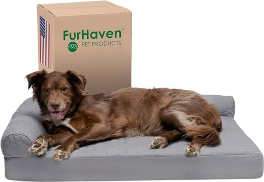 Furhaven Memory Foam Dog Bed for Large Dogs w/ Removable Bolsters & Washable Cover, For Dogs Up to 95 lbs - Pinsonic Quilted Paw L Shaped Chaise - Titanium, Jumbo/XL