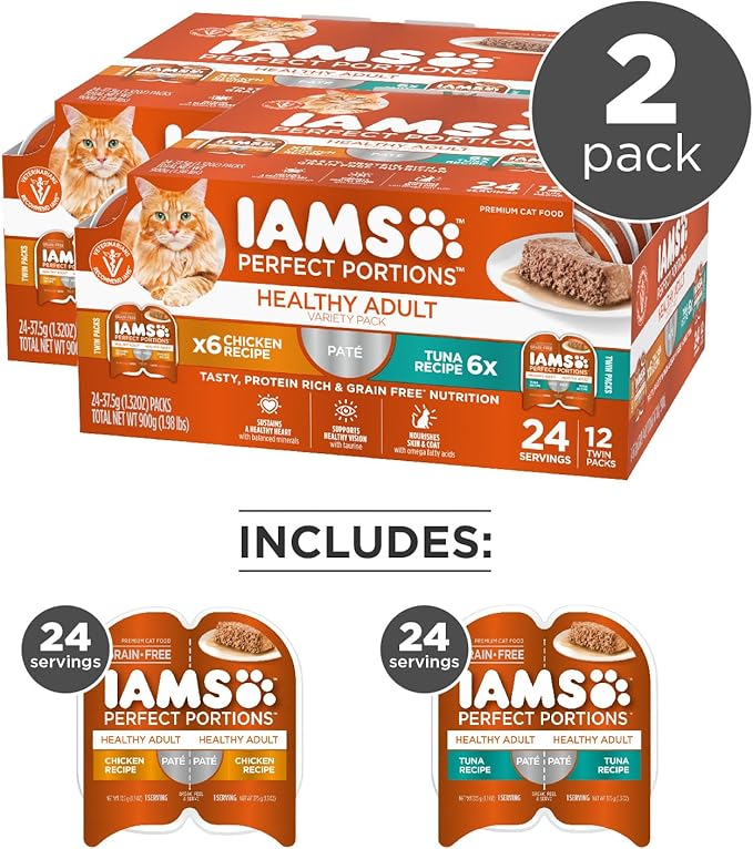 IAMS Perfect Portions Healthy Adult Wet Cat Food with Chicken and Tuna Recipe Variety Pack, Easy Peel Twin-Pack Trays, Pack of 24 (48 Total Servings)