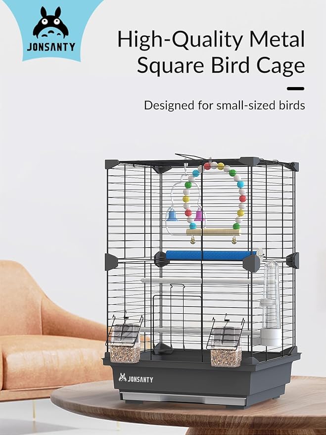 17 Inch Small Square Metal Pet Bird Cage, Parrot Cage, Bird Carrier Travel Cage, with Bird Standing Stick, Swing, Water Feeder, Easy to Clean, for Budgies, Zebra Finches and Other Small Birds