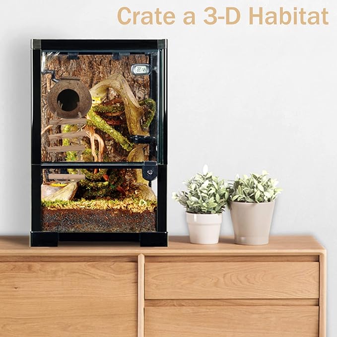 Crested Gecko Tank Accessories, Reptile Vines and Plants Coco Hut Coconut Shell with Ladder Hideout Cave Habitat Decor for Climbing Lizard Leopard Gecko Tortoise Amphibians Hermit Crab