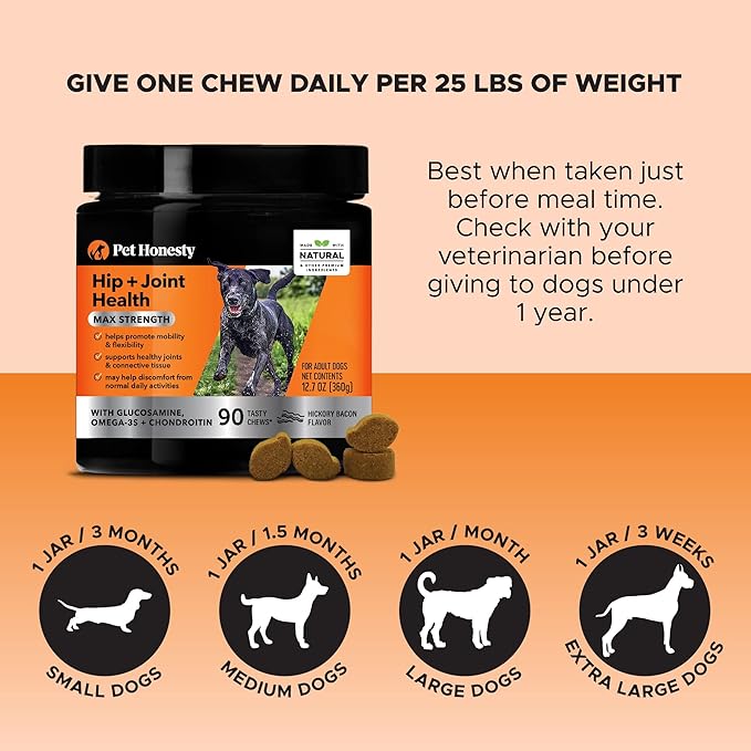 Pet Honesty Hip & Joint Health Max Strength - Natural Joint Supplement for Dogs Chews - Glucosamine, Omega-3s, Chondroitin, Green Lipped Mussel - Help Improve Mobility, May Reduce Discomfort (90 ct)