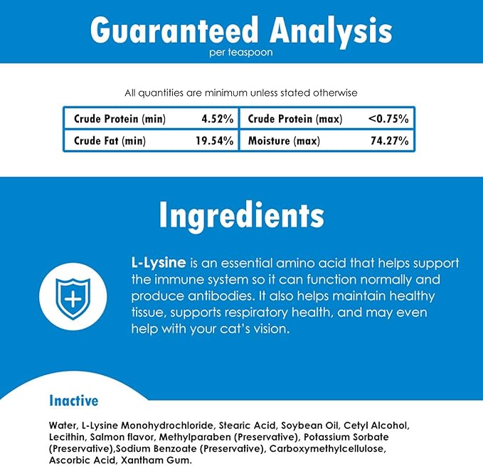 L-Lysine Gel for Cats - Immune System Support - Supplement Support for Healthy Tissue, Respiratory, and Vision - Salmon-Flavored - Made in The USA - 5 oz (6 Pack)