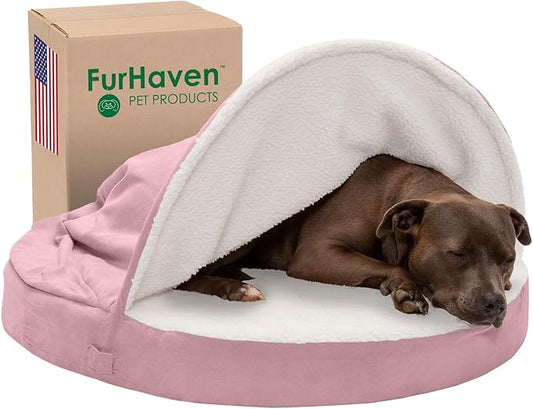 Furhaven 35" Round Cooling Gel Dog Bed for Large/Medium Dogs w/ Removable Washable Cover, For Dogs Up to 50 lbs - Sherpa & Suede Snuggery - Pink, 35-inch