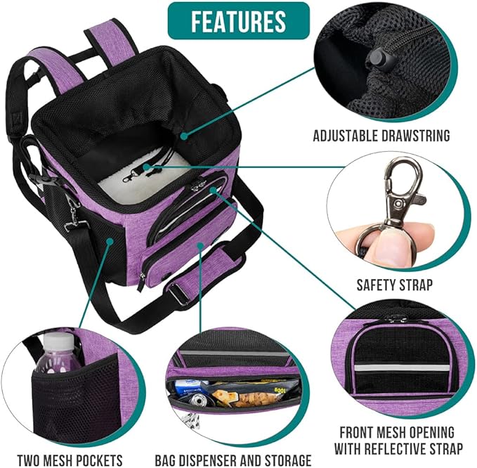 PetAmi Dog Bike Basket, Soft-sided Ventilated Dog Bike Carrier Backpack, Dog Pet Bicycle Basket for Bike Handlebar, Small Medium Puppy Cat Kitten Car Booster Seat with Safety Strap (Purple)