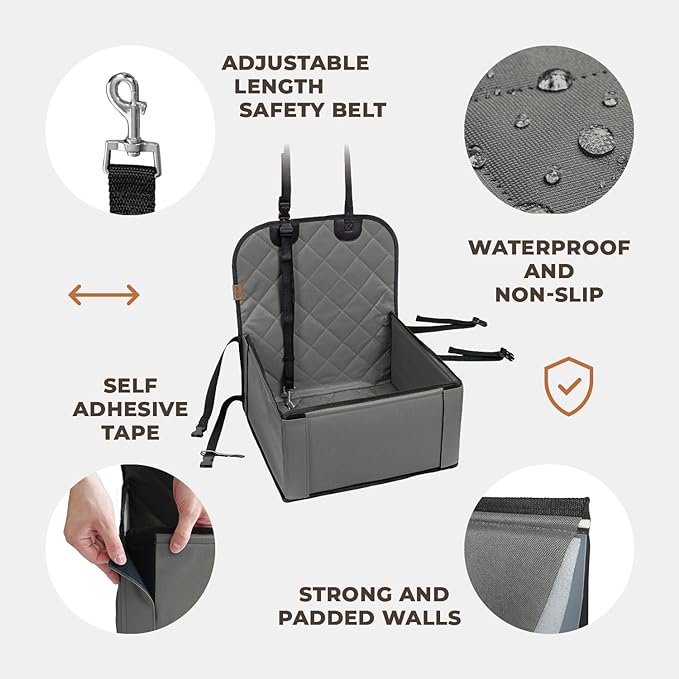 Extra Stable Dog Car Seat - Robust Car Dog Seat or Puppy Car Seat for Small to Medium-Sized Dogs - Reinforced Walls and 3 Belts - Waterproof Pet Car Seat for Back and Front Seat (Grey/Black)