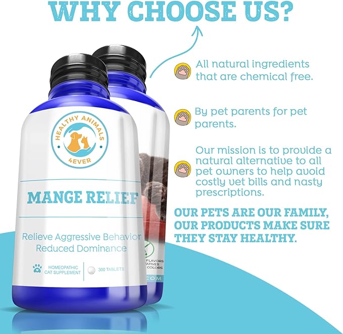 Mange Relief for Cats - Treatment for Itchiness, Scabs, & Hair Loss Caused by Mites - All-Natural, Homeopathic, Non-GMO, Organic - Gluten, Preservative & Chemical Free - 300 ct
