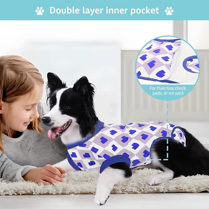 Recovery Suit for Dogs, Dog Recovery Suit Male Female Post Spay, Neuter, Abdominal Surgery Recovery Suit with an Inner Layer Pocket, Prevent Licking Soft Breathable Cotton, Blue, L