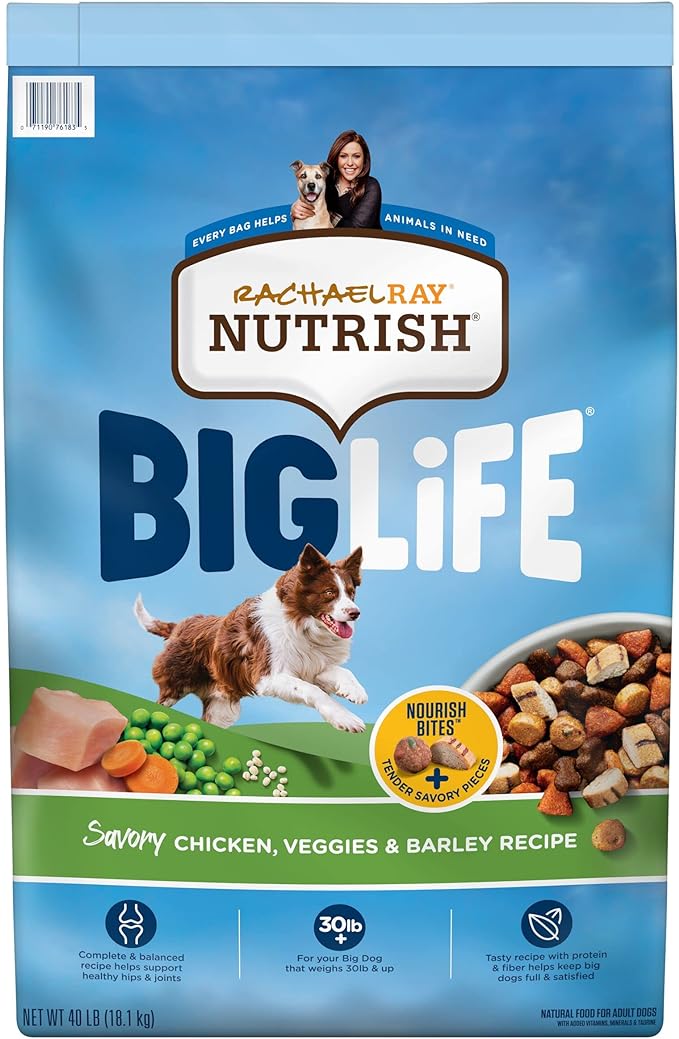 Rachael Ray Nutrish Big Life Dry Dog Food, Medium & Large Breed, Savory Chicken, Barley & Veggies, 40 Pounds