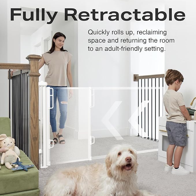 Cumbor 76" Wide Long Retractable Baby Gates for Stairs, Mesh Dog Gate for The House, 34" Tall Extra Wide Pet Gate for Dogs, Child Safety Gates for Doorways, Hallways, Cat Gate Indoor/Outdoor(White)