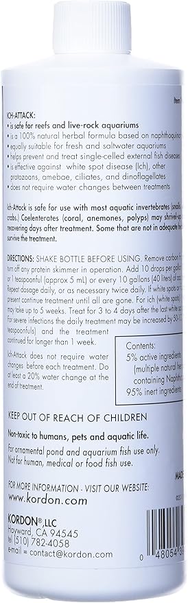 KORDON #39446 100% Natural and Herbal Formula Ich Attack-Ich Treatment for Aquarium, 16-Ounce, TEA COLOR