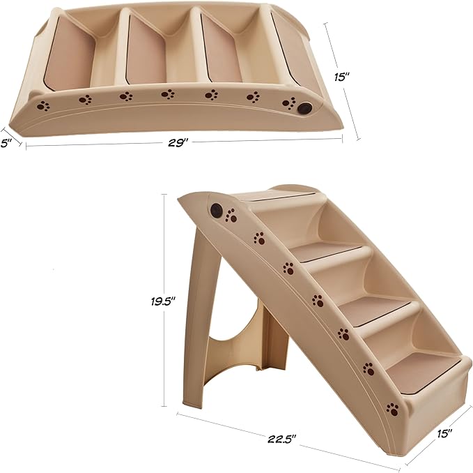 Pet Stairs - Home and Vehicle Foldable Nonslip Dog Steps with 4-Step Design - For Puppies, Kittens, and Other Small Pets by PETMAKER (Tan)