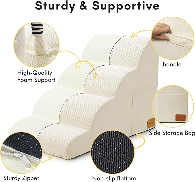 Dog Stairs for Small Dogs, JYpawsiepal dog steps for High Bed and Couch, Pet Ramp with High Density Foam, Non-Slip Balanced Indoor Pet Step,4 Steps Pet Stairs cream