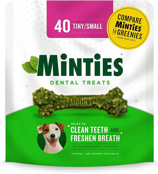 Minties Dental Chews for Dogs, 40 Count, Vet-Recommended Mint-Flavored Dental Treats for Tiny/Small Dogs 5-24 lbs, Dental Bones Clean Teeth, Fight Bad Breath, and Removes Plaque and Tartar