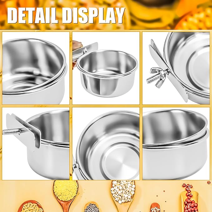 MotBach 2 Pack Stainless Steel Bird Feeding Dish Cups, Bird Feeder Parrot Food Water Bowls with Clamp, Pet Cage Cups Holder for Bird Parrot Cockatiel Conure Budgies Parakeet Small Animal