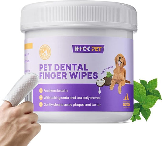 HICC PET Teeth Cleaning Wipes for Dogs & Cats, Remove Bad Breath by Removing Plaque and Tartar Buildup, Disposable Dog Finger Toothbrush Gentle Pet Dental Care Wipes, 50 Counts, (Mint Scent)