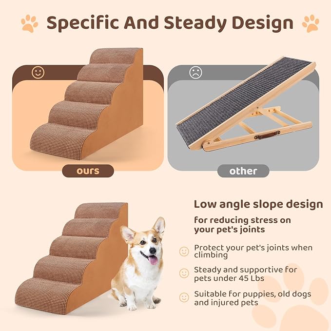 Dog Stairs for High Beds, 5-Tier Dog Stairs for Small Dogs and Cats High Density Foam Dog Steps for Couch & Bed, Pet Stairs with Non-Slip Bottom for Doggies, Old Dogs and Injured Pets, Camel