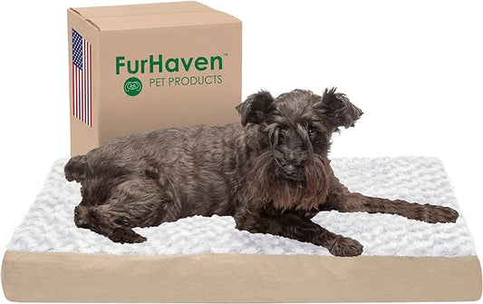 Furhaven Memory Foam Dog Bed for Medium/Small Dogs w/ Removable Washable Cover, For Dogs Up to 35 lbs - Ultra Plush Faux Fur & Suede Mattress - Cream, Medium