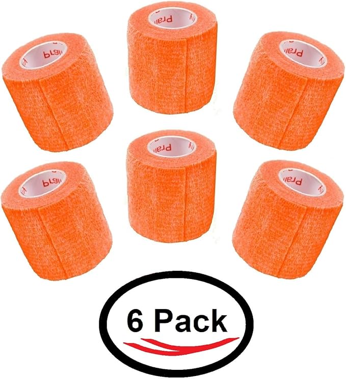 2 Inch Vet Wrap Tape Bulk (Orange) (Pack of 6) Self Adhesive Adherent Adhering Flex Bandage Grip Roll for Dog Cat Pet Horse