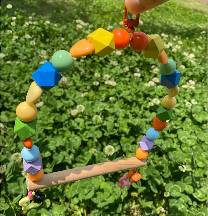 Wooden Bird Swings for Large Parrots, Cockatiel Perch Parakeet Swing Hanging Birdcage Stands Playground Play Gyms Accessories Colorful Beads Climbing Toy for Lovebirds Conures Budgies