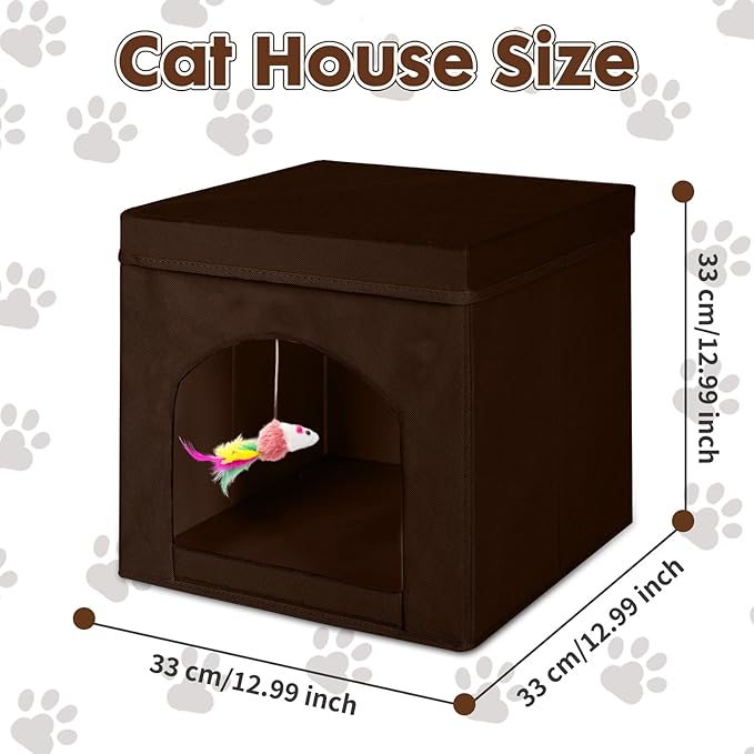 ShellKingdom Collapsible Cat House, Foldable Kitty Cat Cube and Cat Cave with Bed, Colorful Cat Stool Condo for Indoor Cats Gifts, 13 x 13 x 13 inches (Brown)