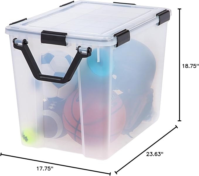 IRIS USA 103 Qt Storage Box with Gasket Seal Lid, 2 Pack - BPA-Free, Made in USA - Heavy Duty Moving Containers with Tight Latch, Weather Proof Tote Bin, WEATHERPRO - Clear/Black