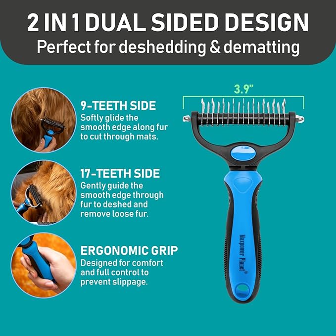 Maxpower Planet Pet Grooming Brush and 2X Grooming Gloves Combo - Double Sided Dematting, Deshedding Undercoat Rake for Dogs - Cat Brush, Dog Brush Shedding, Pet Brush - Reduce Shedding Easily - Blue