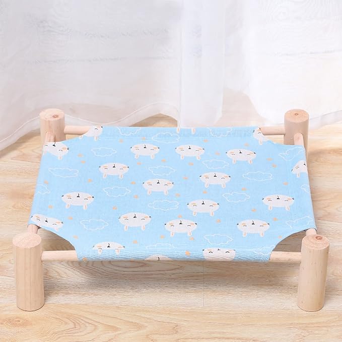 Pozico Cat/Dog Bed Hammock Cat Bed, Wooden Dog Elevated Indoor Outdoor Beds, Raised Cat Cots Furniture Pet Bed Puppy Bed Portable Breathable Mesh Cat Beds for Small Animals-Blue Rabbit