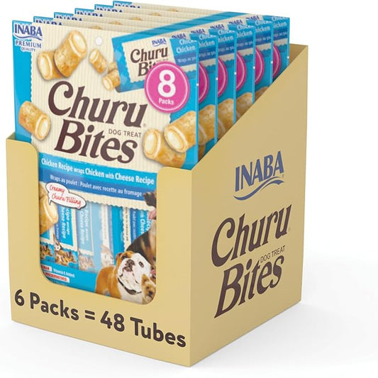 INABA Churu Bites for Dogs, Grain-Free, Soft/Chewy Baked Chicken Wrapped Churu Filled Dog Treats, 0.42 Ounces Each Tube | 48 Tubes Total (8 Tubes per Pack), Chicken with Cheese Recipe