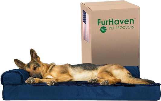 Furhaven Orthopedic Dog Bed for Large Dogs w/ Removable Bolsters & Washable Cover, For Dogs Up to 95 lbs - Plush & Velvet L Shaped Chaise - Deep Sapphire, Jumbo/XL