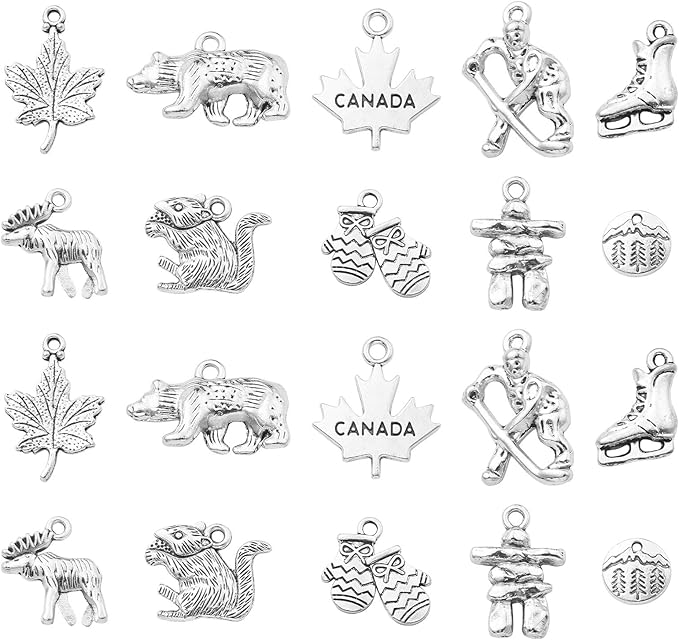 Stiesy 100 Pcs Canadian Themed Tibetan Alloy Charms Vintage Reindeer Bear Maple Leaf Squirrel Charms for DIY Crafts Keychain Making