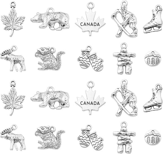 Stiesy 100 Pcs Canadian Themed Tibetan Alloy Charms Vintage Reindeer Bear Maple Leaf Squirrel Charms for DIY Crafts Keychain Making