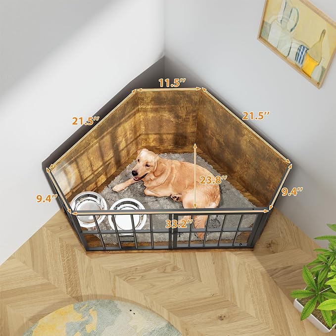 42 inch Furniture Dog Crate Corner, Dog Kennel Corner Wooden End Table with Bowl, Indoor Pet Crates Corner Side Table for Dogs, Wide Top Perfect for Limited Room