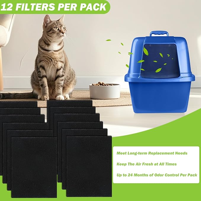 12 Pack Cat Litter Box Charcoal Filters Compatible with Van Ness Cat Litter Box, 4.5 x 6.5Inch Replacement Activated Carbon Premium Odor Filters for Pureness F6 Zeloite Air Filter, Black