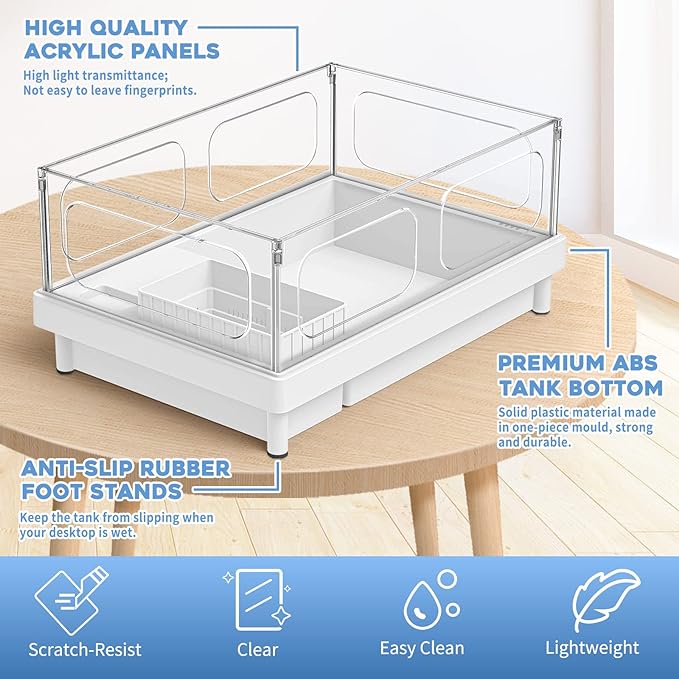 Small Turtle Tank Kit(Tank+Light+Filter), Acrylic Turtle Tank Starter Kit with Bask Platform, Bottom Drain, Multi-Function Area for Small Reptiles.(White)