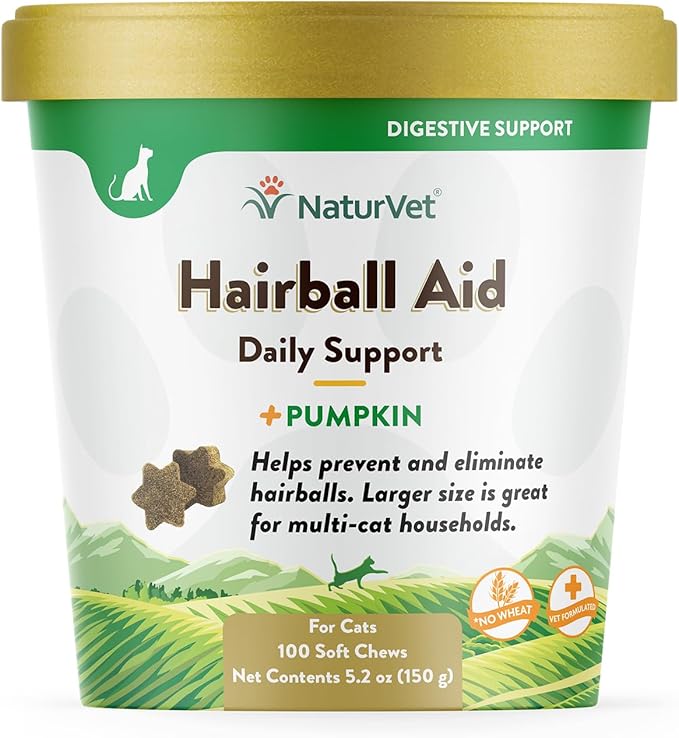 NaturVet – Hairball Aid Supplement for Cats - Plus Pumpkin – Helps Eliminate & Prevent Hairballs – 100 Soft Chews