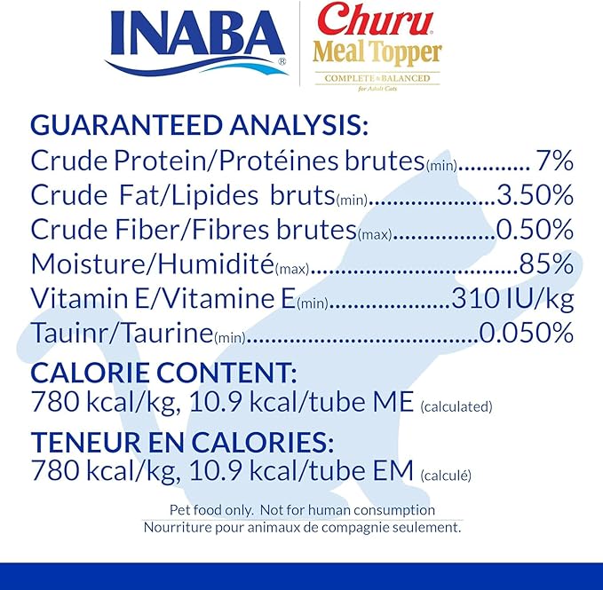 INABA Churu Meal Topper for Cats, Complete & Balanced, Creamy, Lickable Purée Cat Food Topper, 0.5 Ounce Tube, 12 Tubes (4 per Pack), Tuna Recipe