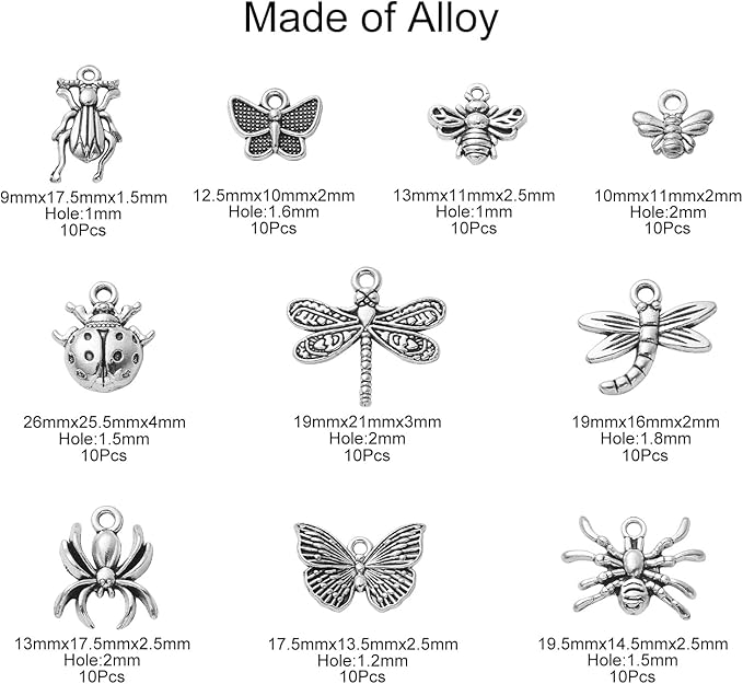Stiesy 100 Pcs Insect Themed Tibetan Alloy Charms Vintage Dragonfly Bee Spider Cicada Ladybird Charms for DIY Crafts Keychain Making