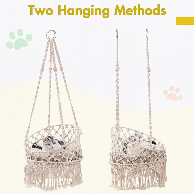 MEWOOFUN Macrame Cat Hammock, Hanging Cat Bed Hammock Cat Swing for Indoor Cats, Boho Cat Swing Bed for Sleeping, Playing, Climbing, and Lounging (Beige)