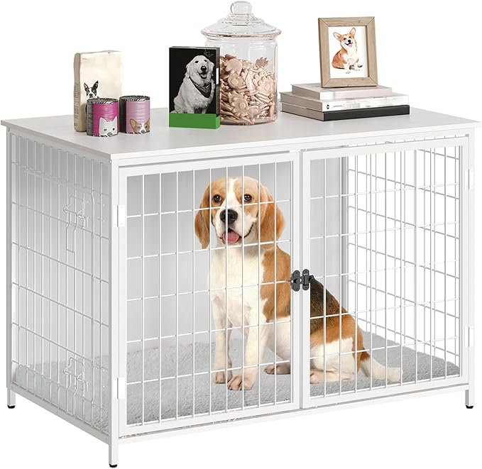 Dog Crate Furniture with Cushion, Wooden Dog Kennel with Double Doors, Heavy Duty Dog Cage for Small/Medium/Large Dogs, Indoor Dog House End Table, 39.4" L, White DCBW10701