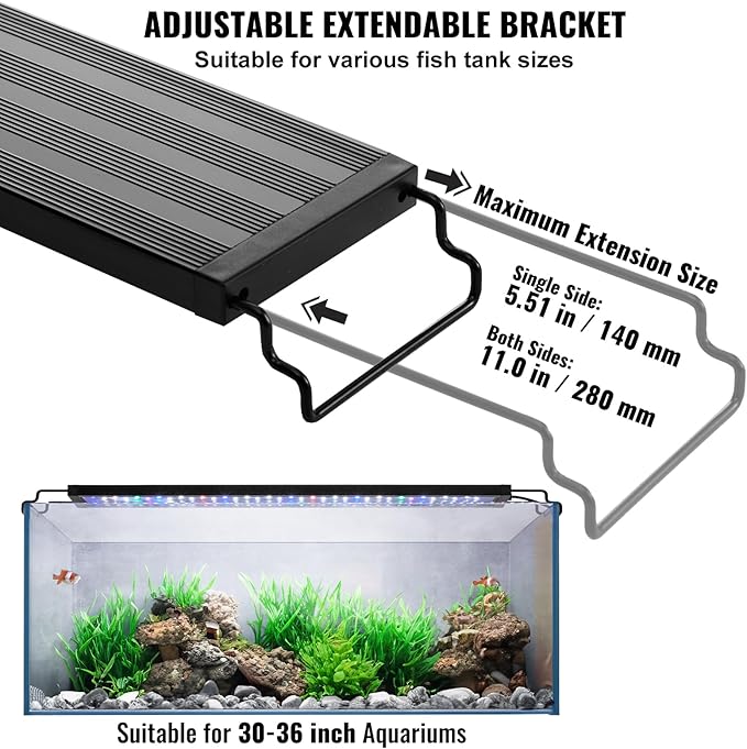 VEVOR Aquarium Light, 22W Full Spectrum Fish Tank Light with 5 Levels Adjustable Brightness, Adjustable Timer and Power-Off Memory, with ABS Shell Extendable Brackets for 30"-36" Freshwater Fish Tank