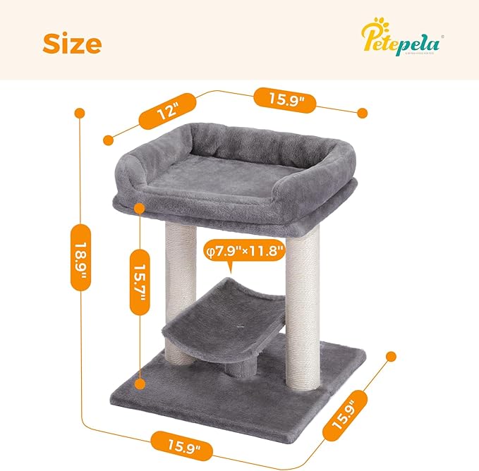 PETEPELA 19" Cat Scratching Post, Cat Tree Tower, 100% Natural Sisal Cat Scratcher with Large Plush Top Perch Bed, Cozy Cat Platform for Kittens and Cats