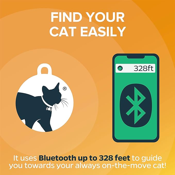 Cat Tracker - Small and Lightweight Waterproof Bluetooth Pet Collar Attachment, 328 foot Range, Replaceable 6 Month Battery Life, Android/Apple iOS Compatible