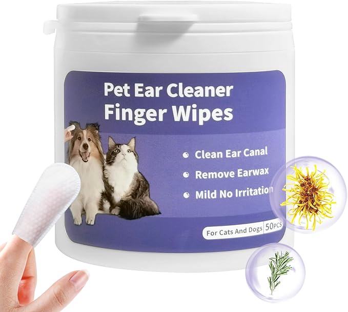 50 Counts Pet Dog Ear Wipes, Soft & Easy Otic Cleaning Pads, Ear Cleaner Finger Wipes for Cats and Dogs, Pet Supplies for Regular Soothing Odor Control Reduce Dirt Wax Earwax Buildup