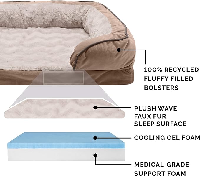 Furhaven Cooling Gel Dog Bed for Large Dogs w/ Removable Bolsters & Washable Cover, For Dogs Up to 95 lbs - Plush & Velvet Waves Perfect Comfort Sofa - Brownstone, Jumbo/XL