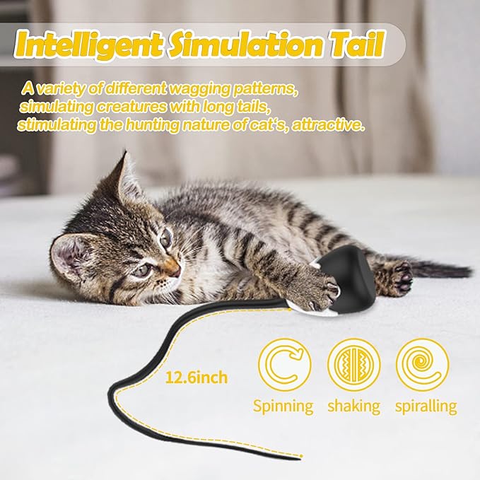 Cat Toys for Indoor Cats, Electronic Interactive Cat Toys, Automatic Silicone Tail Teaser Toy 2 in 1 Cat Wand Toy, Rechargeable Exercise Toy for Kitten-Black