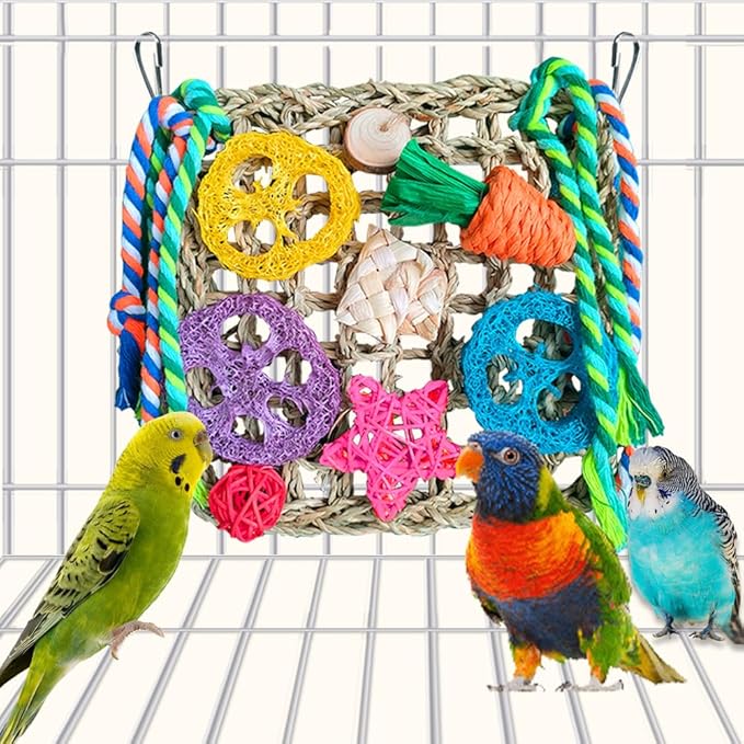 Parrot Toys, 2 Pcs Foraging Shredding Seagrass Wall for Birds, Seagrass Woven Climbing Hammock Mat with Colorful Chewing Toys for Lovebirds, Parakeets, Budgerigars, Conure, Cockatiel