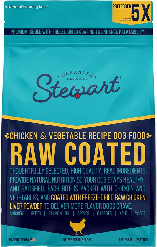 Stewart Dog Food, Raw Coated Chicken & Vegetable Recipe, 10 lb. Bag, Probiotics for Dogs, Made in USA, Chicken Dog Food, Products for Dogs