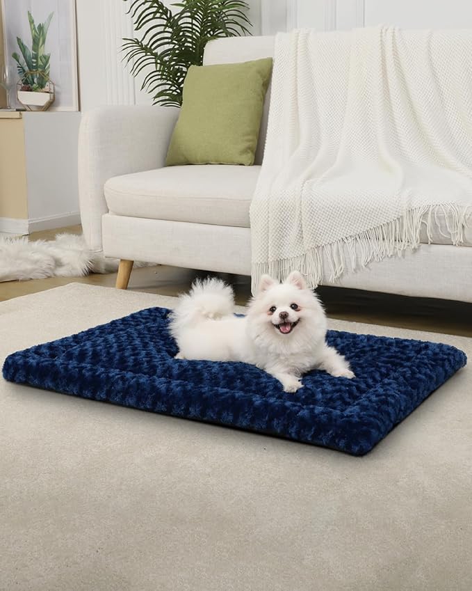 Washable Dog Bed Mat Reversible Dog Crate Pad Soft Fluffy Pet Kennel Beds Dog Sleeping Mattress for Large Jumbo Medium Small Dogs, 29 x 18 Inch, Blue